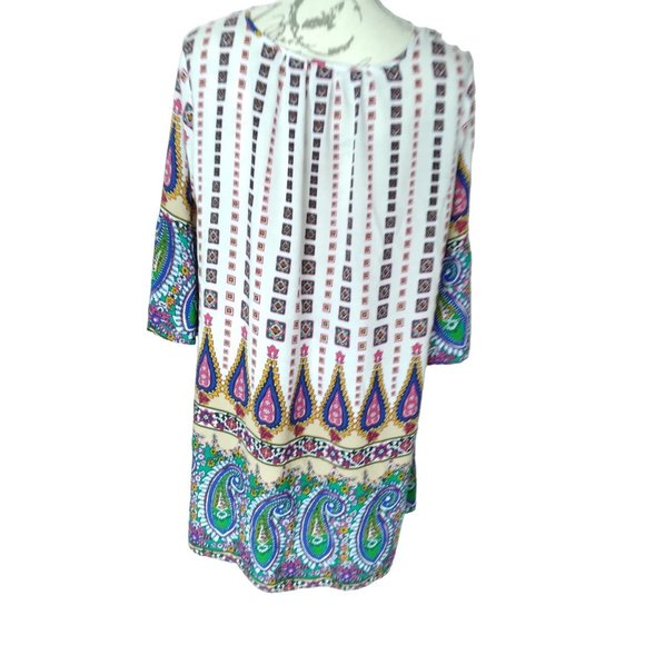 Umgee USA VNeck bell Sleeve Print Baby Doll Boho Peasant Dress style Tops M READ - Picture 3 of 16